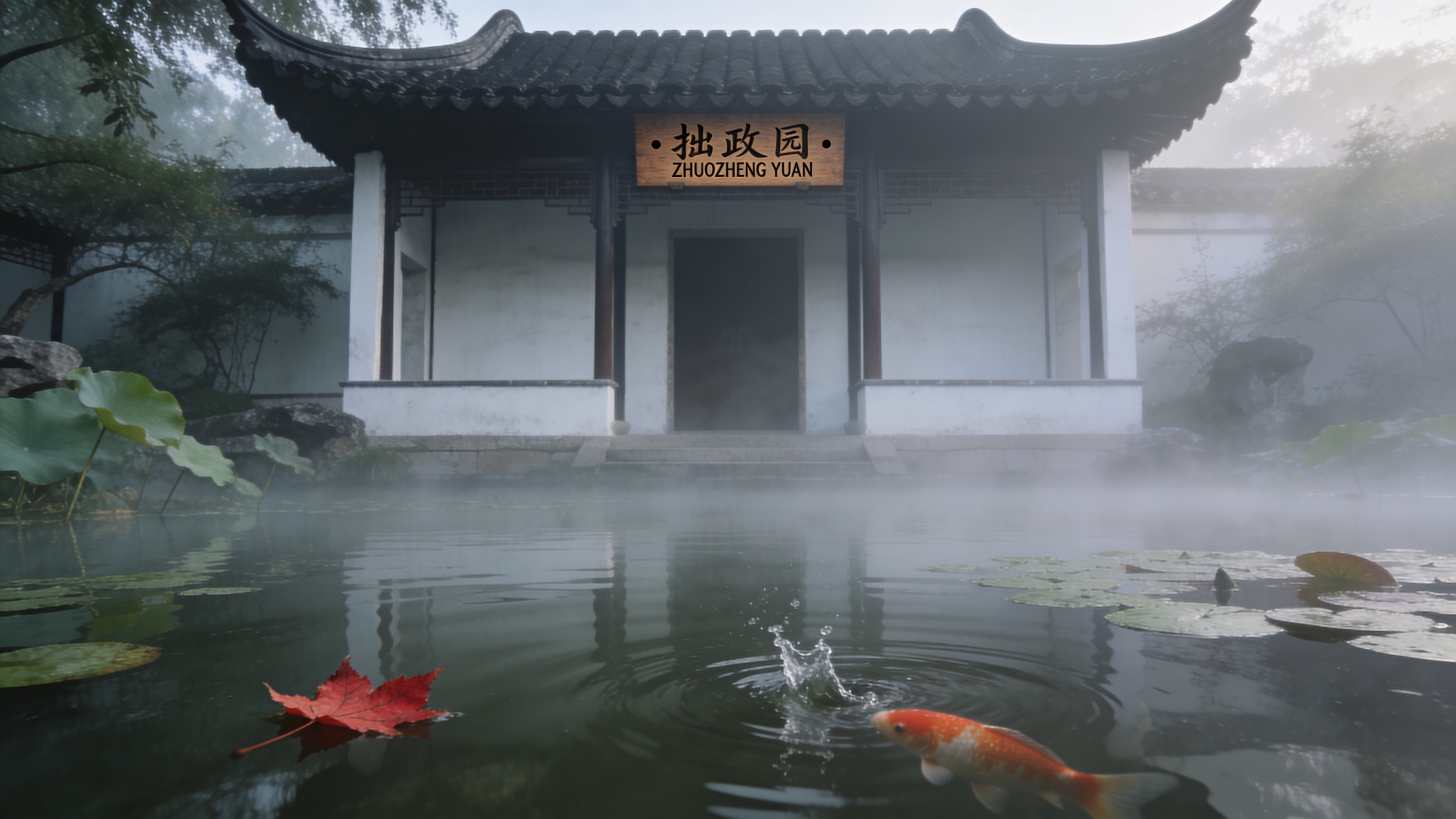 Suzhou classical garden Humble Administrator's pavilion in early mist, 6 AM. Black-tile roof, white-washed walls, a single carved wood plaque above the entrance reads exactly "拙政园 · ZHUOZHENG YUAN". Koi breaking the surface of the lily pond in foreground, one red maple leaf floating. Large-format 4x5 view-camera aesthetic, muted Portra 160 tones, no HDR. Chinese and romanization correctly paired.